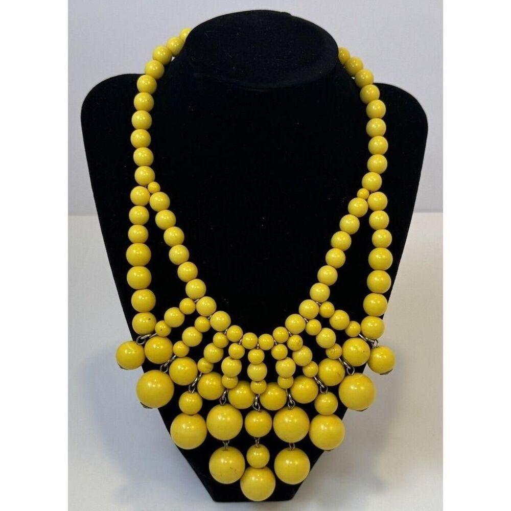 Bold Yellow Statement Necklace Multi-Layer Beaded Bib Fashion Jewelry 20"